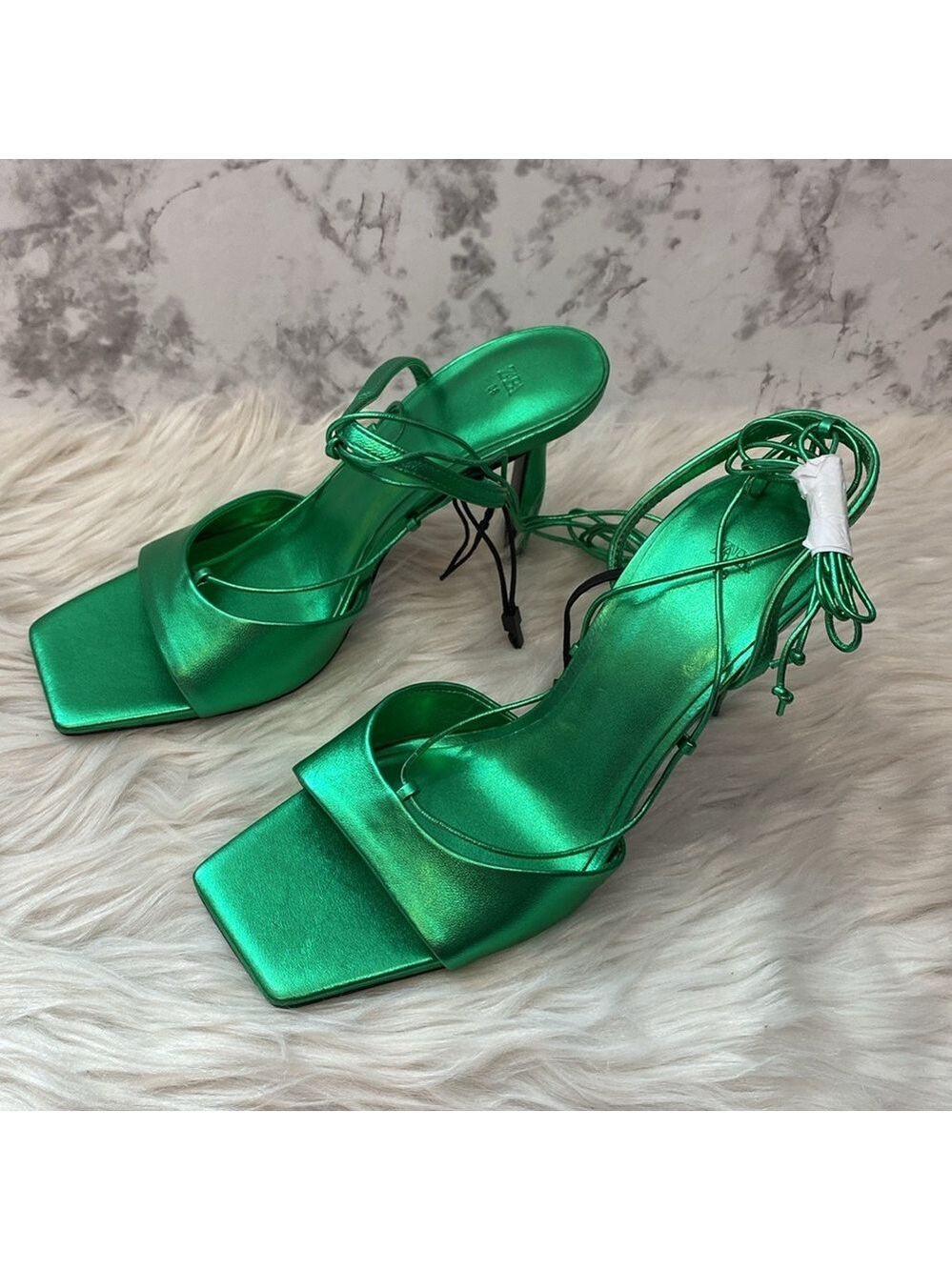 NWOT Zara Metallic Green Lace-up Leather Sandals, Size 7.5 - Picture 8 of 17
